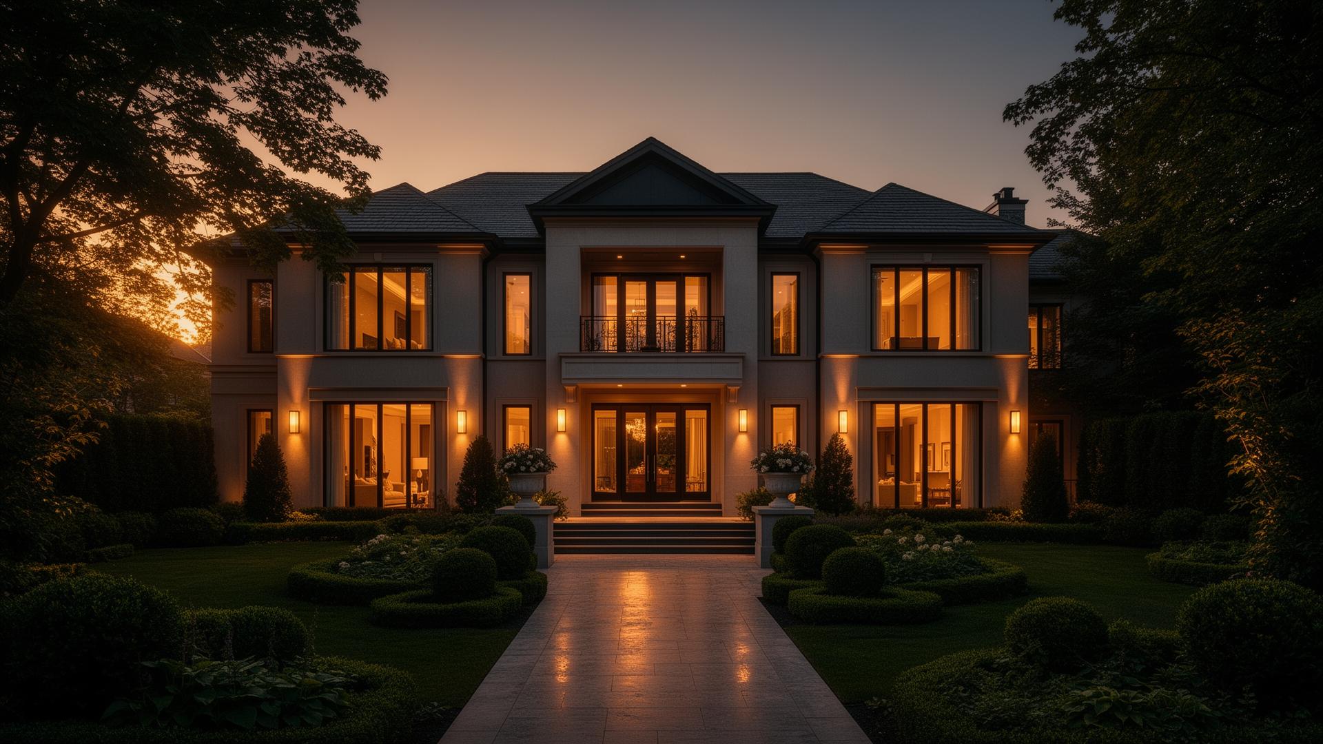 Luxurious Toronto estate at dusk with warm interior lights